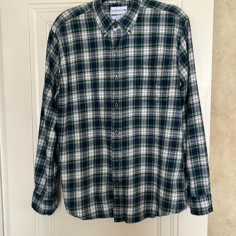Saddlebred Green and Blue Plaid Button-Up Flannel Shirt XL